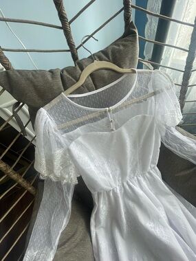 White Sheer Lace Puff Sleeve Dress lace wedding dress